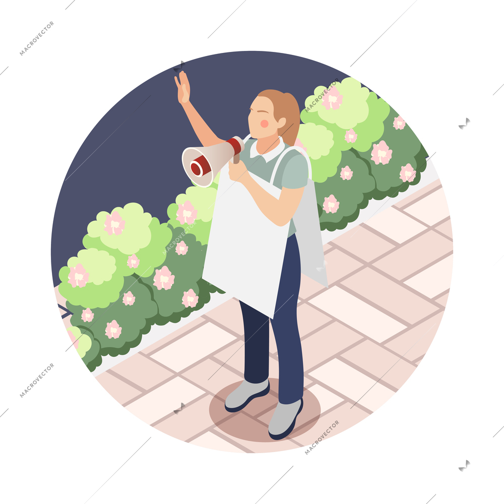 Promoter isometric composition with woman wearing promotional placards shouting in megaphone vector illustration