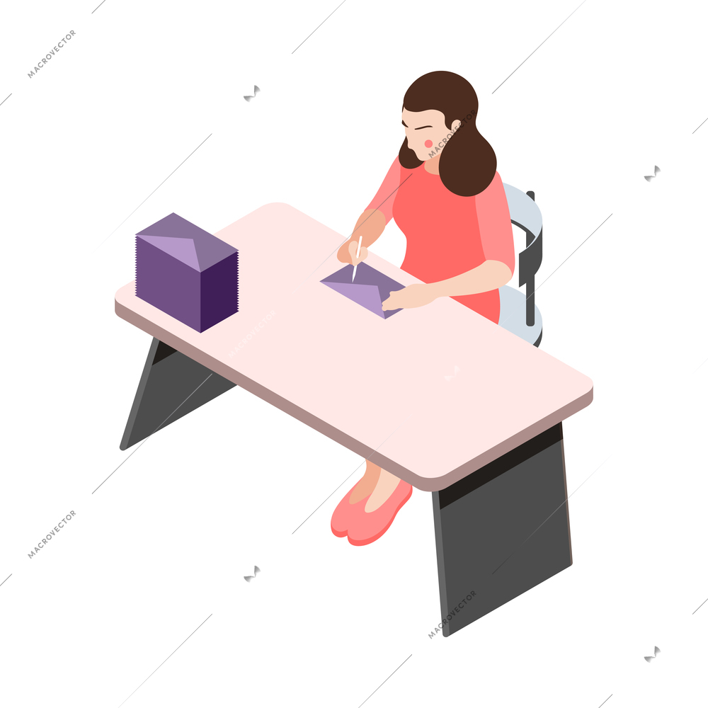 Wedding planning isometric composition with woman sitting at table writing on envelopes with invitations vector illustration