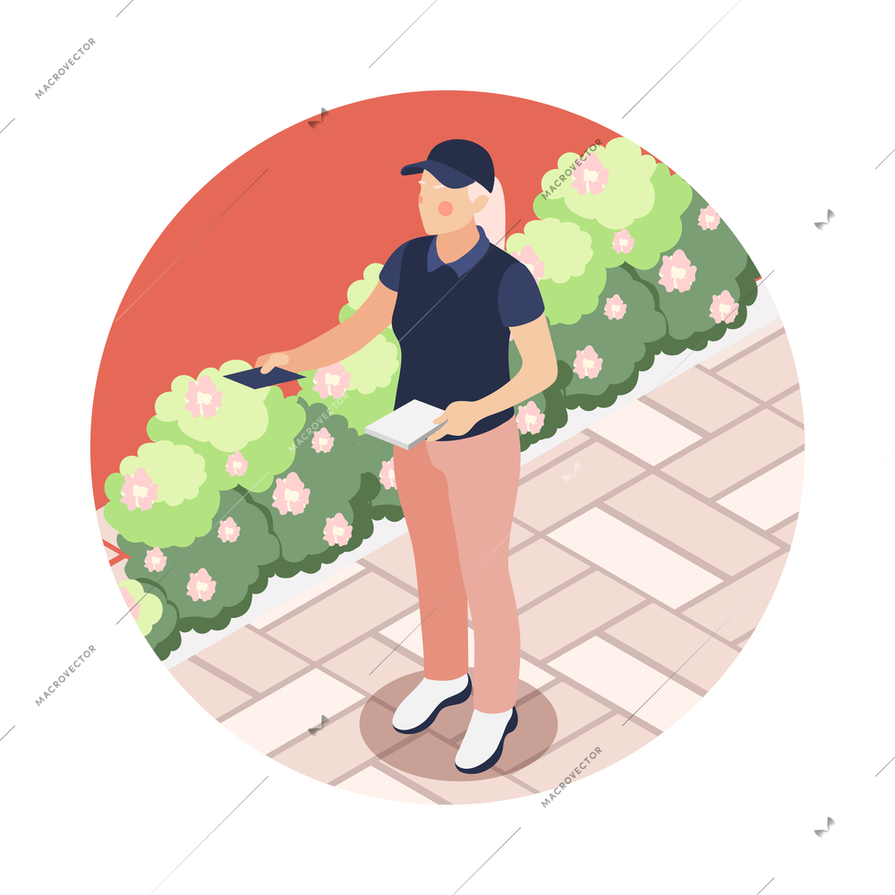 Promoter isometric composition with woman wearing uniform sharing promotional leaflets outdoors vector illustration