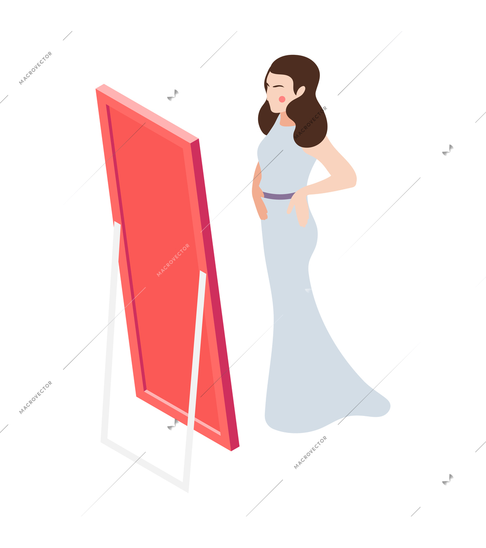 Wedding planning isometric composition with isolated character of bride in dress looking in mirror vector illustration