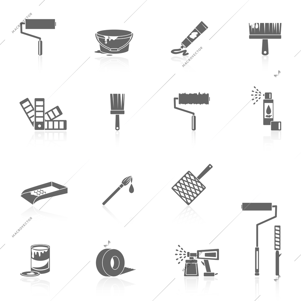 Painting icons black set with color can bucket brush spray isolated vector illustration