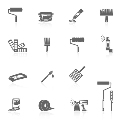 Painting icons black set with color can bucket brush spray isolated vector illustration