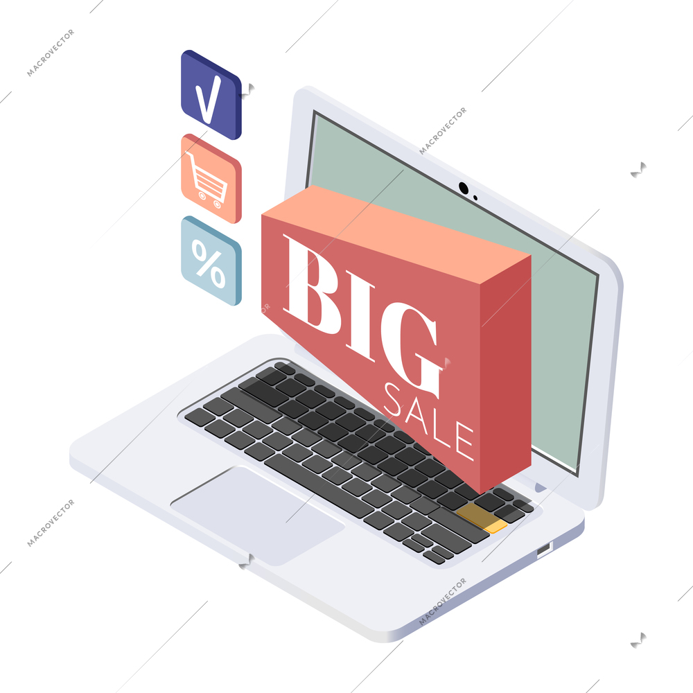 Promoter isometric composition with isolated image of laptop computer and app icons for product promotion vector illustration