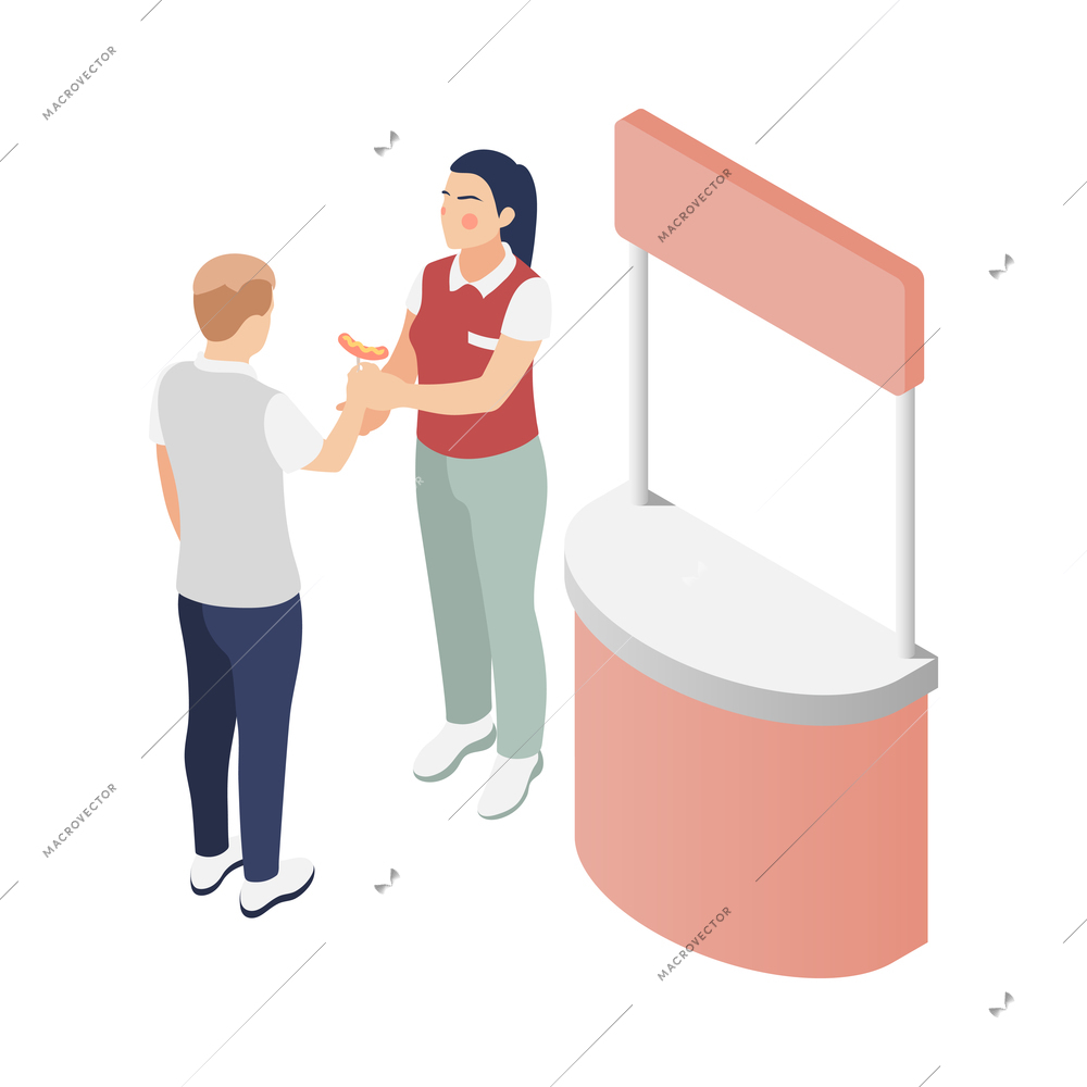 Promoter isometric composition with isolated image of market stall and worker sharing sausage with customer vector illustration