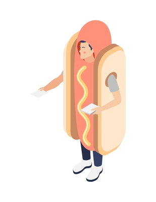 Promoter isometric composition with isolated character of guy wearing costume of hotdog holding leaflets vector illustration