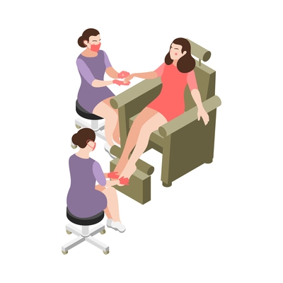 Wedding planning isometric composition with characters of sitting woman and beauticians performing manicure and pedicure vector illustration