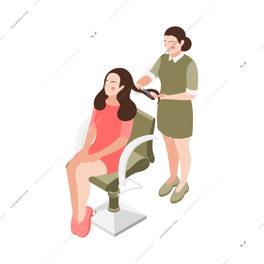 Wedding planning isometric composition with characters of female hairdresser cutting brides hair vector illustration