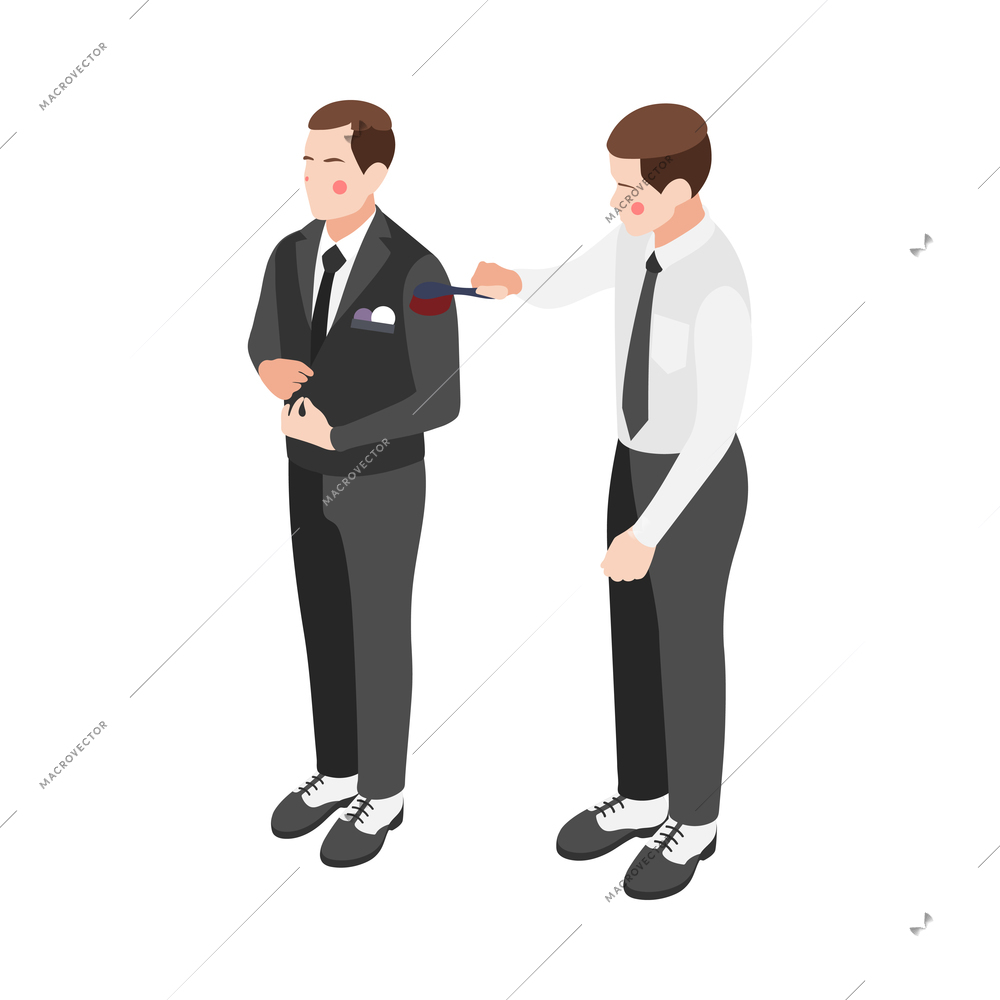 Wedding planning isometric composition with human characters of groom and friend decorating his suit vector illustration