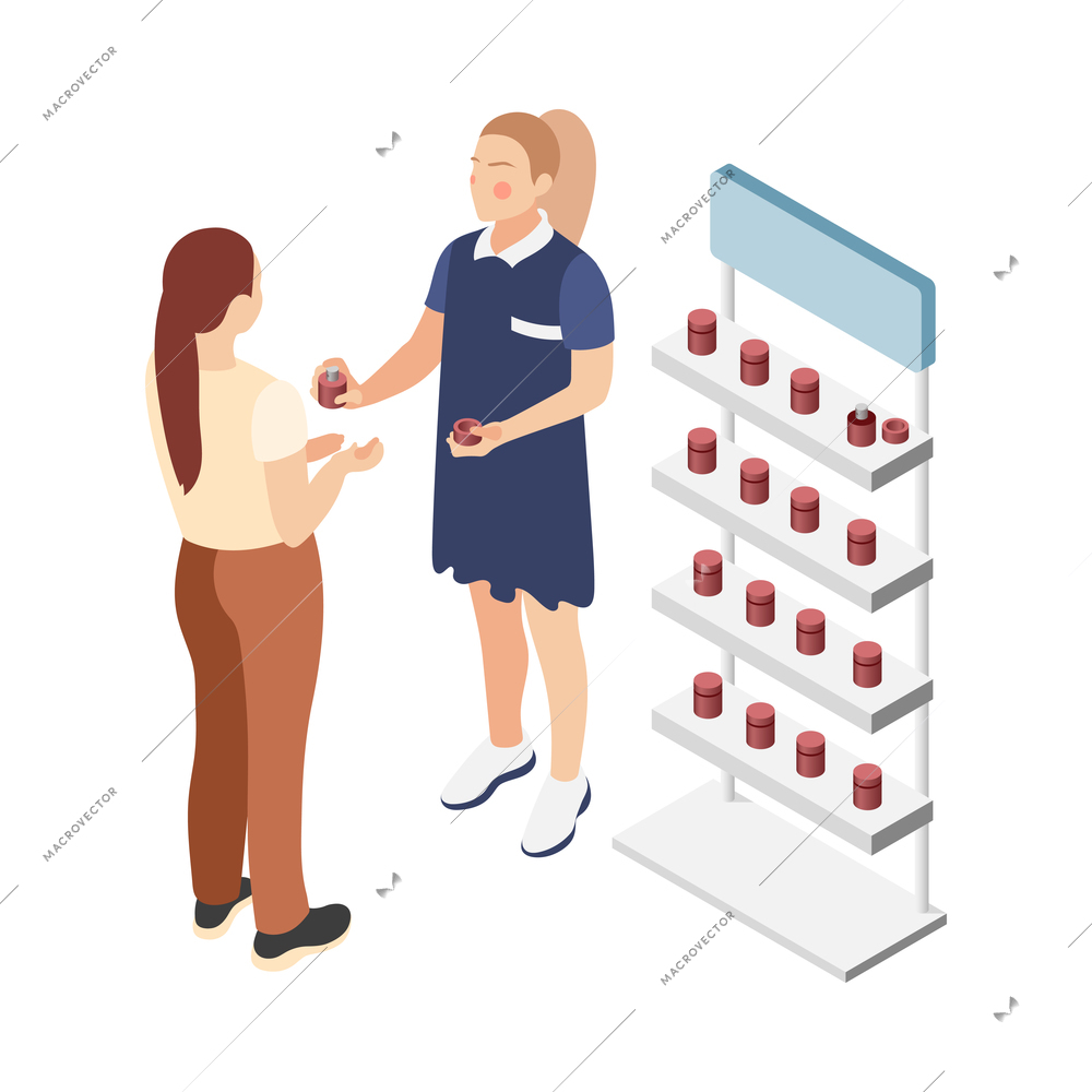 Promoter isometric composition with isolated character of female perfume promoter with client vector illustration