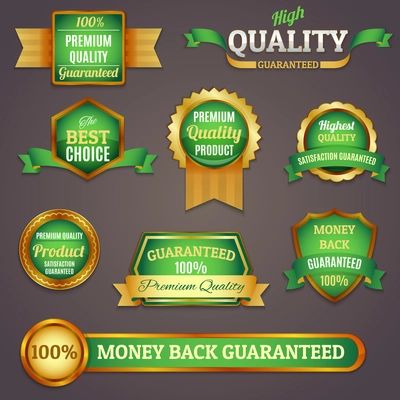 Luxury colored golden and green premium quality products best choice labels set isolated vector illustration