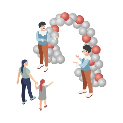 Promoter isometric composition with view of balloon entrance with tout clowns and mother with daughter vector illustration