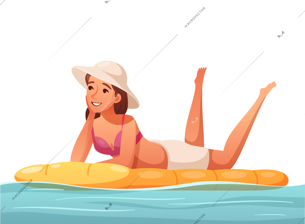 Summer water sports cartoon composition with character of girl floating on air mattress vector illustration