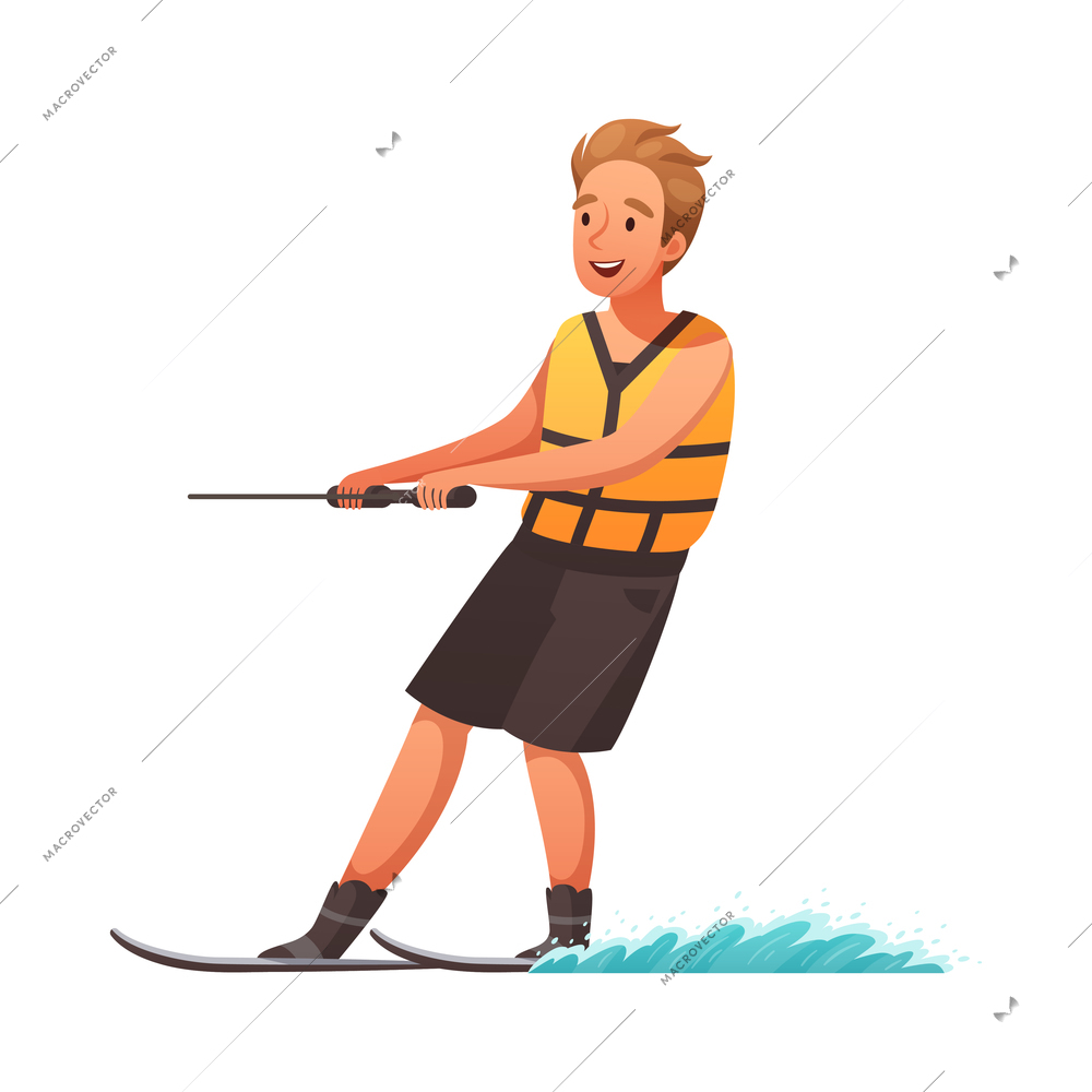 Summer water sports cartoon composition with character of man riding waterski vector illustration