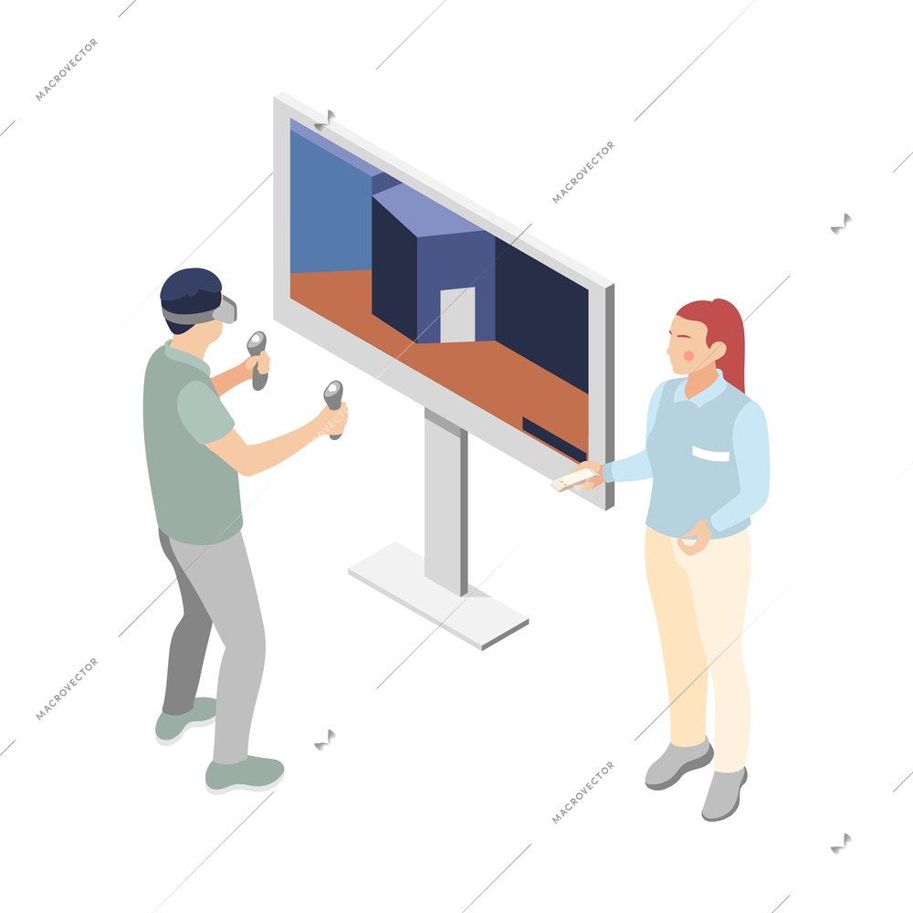 Promoter isometric composition with isolated character of shop assistant with big tv and customer wearing vr set vector illustration