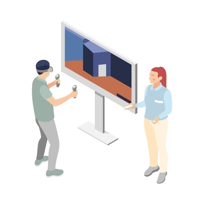 Promoter isometric composition with isolated character of shop assistant with big tv and customer wearing vr set vector illustration