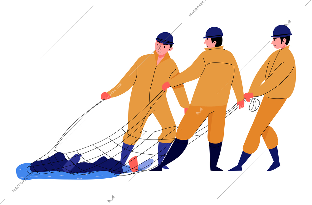 Pollution ecological composition with group of cleanup workers pulling net with underwater garbage vector illustration