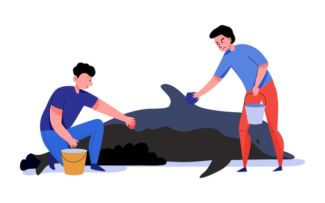 Pollution ecological composition with characters of man and woman cleaning the dolphin of dirt vector illustration