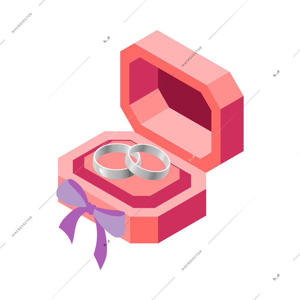 Wedding planning isometric composition with isolated image of purple case with bows and wedding rings vector illustration