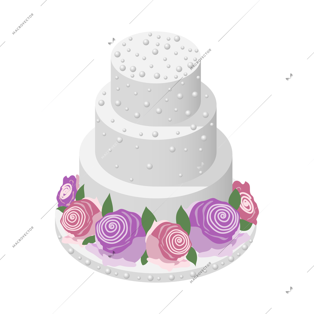 Wedding planning isometric composition with isolated image of wedding cake decorated with flowers vector illustration