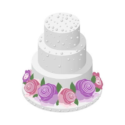 Wedding planning isometric composition with isolated image of wedding cake decorated with flowers vector illustration