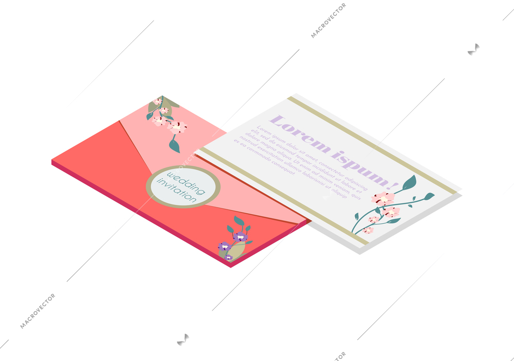 Wedding planning isometric composition with images of festive wedding letter with ornate envelope vector illustration