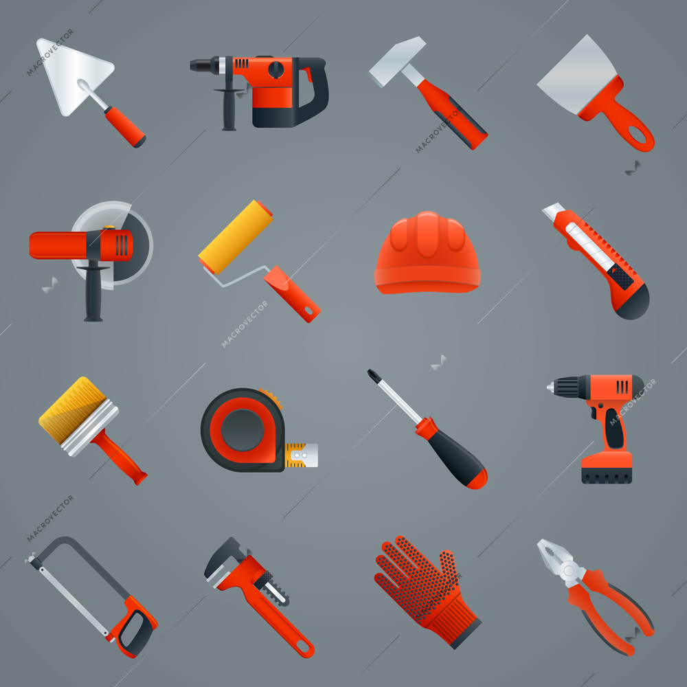 Repair and construction tools icons set with hammer saw screwdriver isolated vector illustration