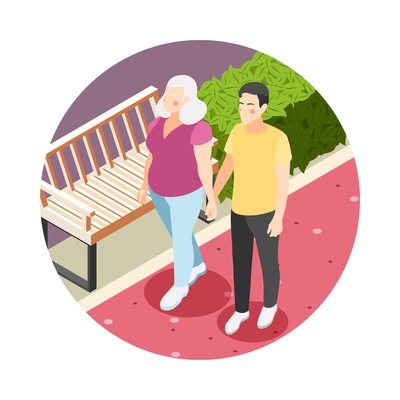 Different couples isometric round composition with loving couple holding hands walking down park lane vector illustration