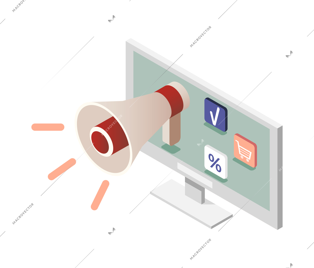 Promoter isometric composition with isolated image of desktop computer with megaphone icons vector illustration