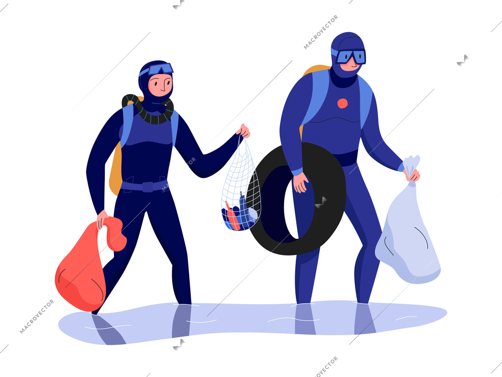 Pollution ecological composition with characters of man and woman collecting underwater garbage vector illustration