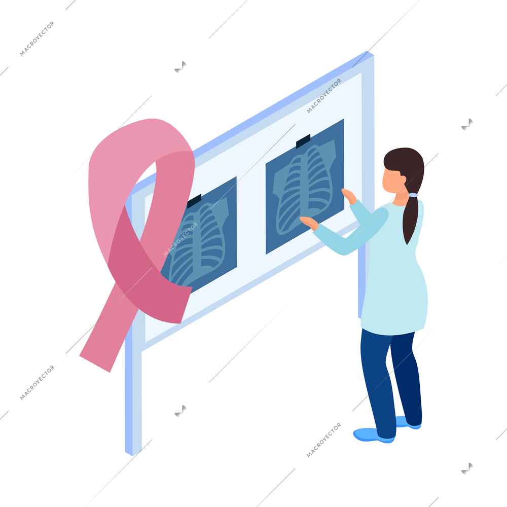 Cancer control isometric composition with cancer ribbon sign and character of doctor checking radiograms vector illustration