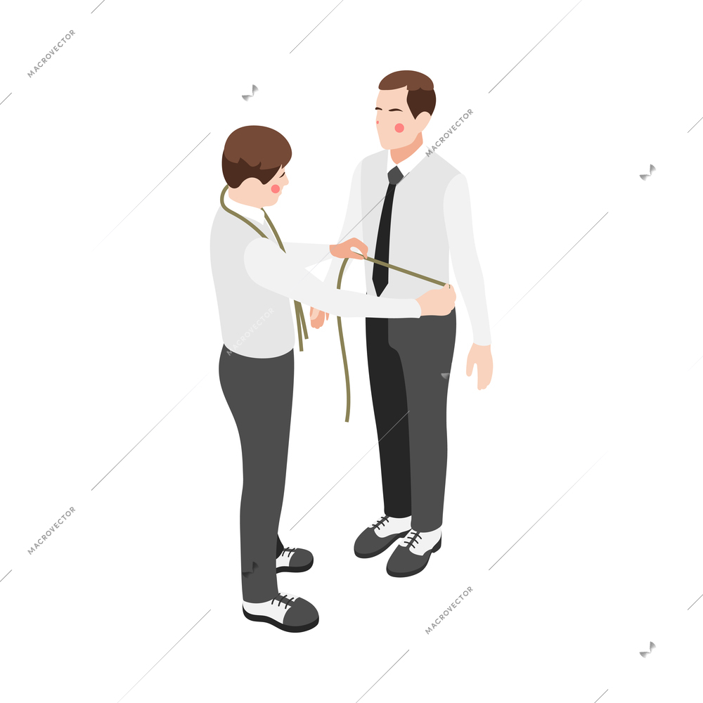 Wedding planning isometric composition with character of tailor taking measurements of groom vector illustration