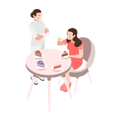 Wedding planning isometric composition with woman trying various cakes for dessert with shop assistant vector illustration