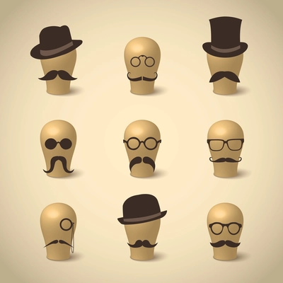 Set of retro mustaches hats and glasses on hat-blocks icons isolated vector illustration