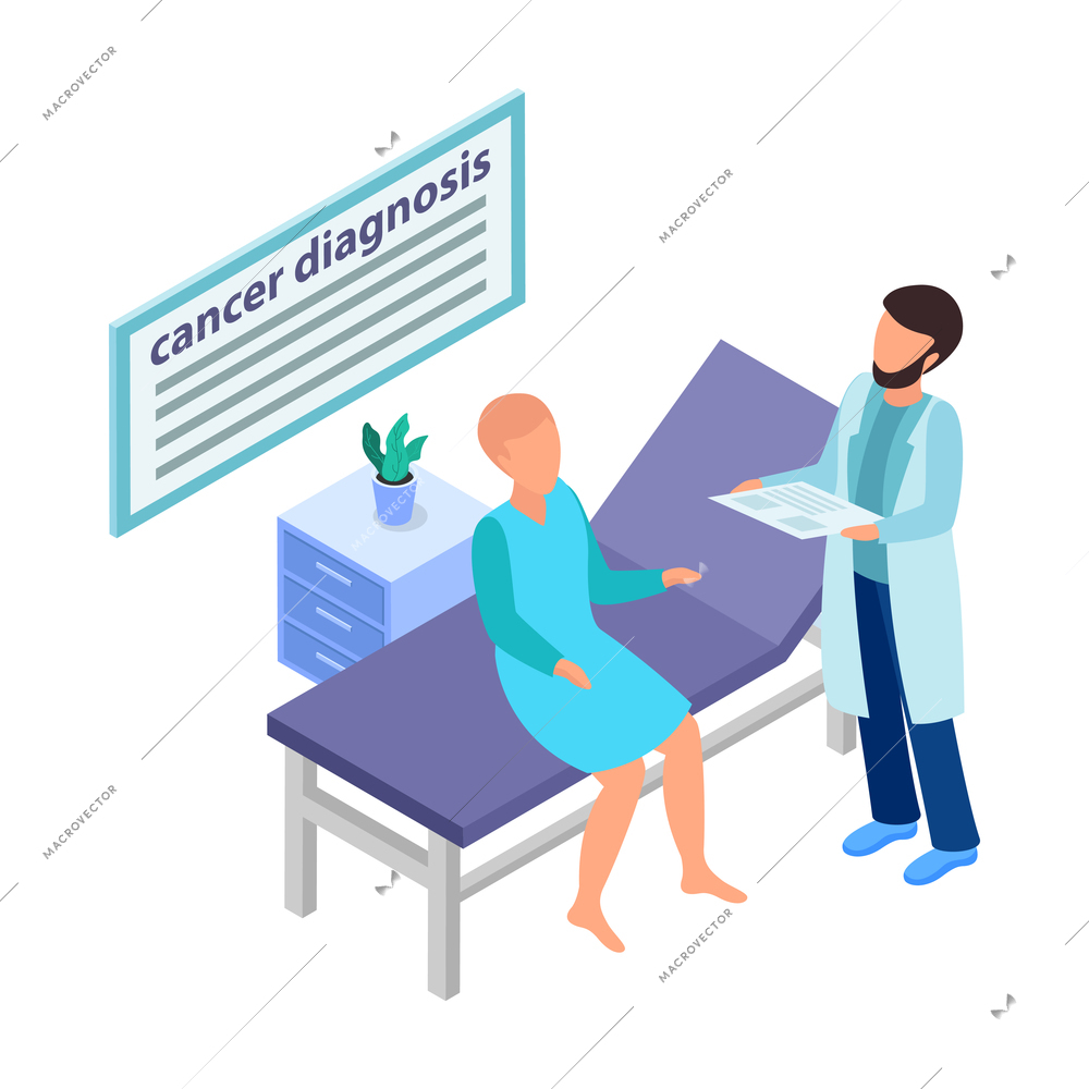 Cancer control isometric composition with characters of patient and doctor in hospital ward vector illustration