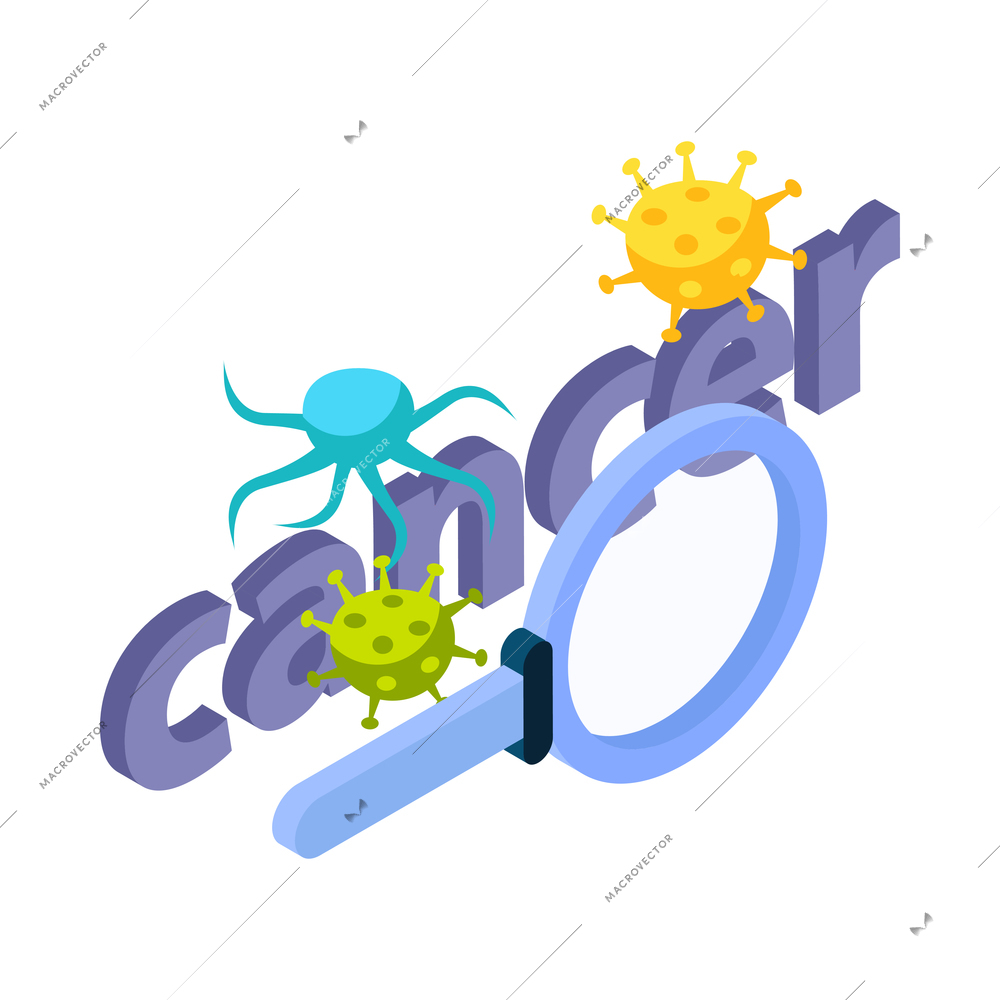 Cancer control isometric composition with editable text and images of bacteria and magnifying glass vector illustration