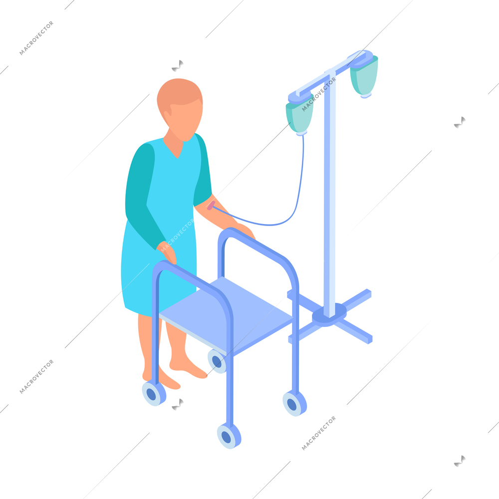 Cancer control isometric composition with character of patient walking with dripper on wheel stand vector illustration