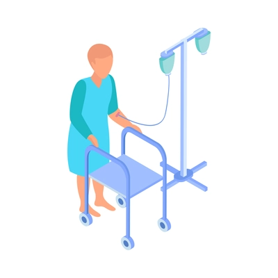 Cancer control isometric composition with character of patient walking with dripper on wheel stand vector illustration