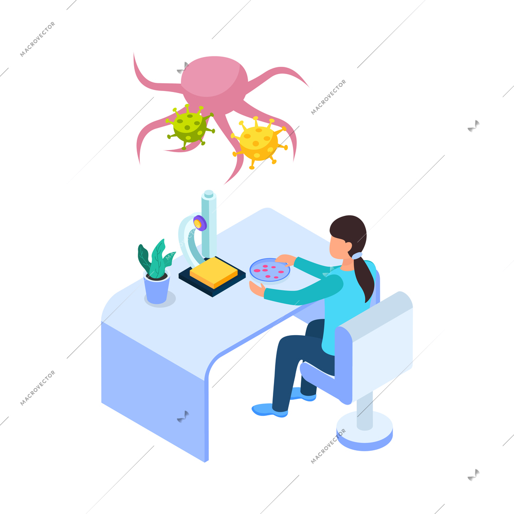 Cancer control isometric composition with view of medical specialists workplace with bacteria images vector illustration