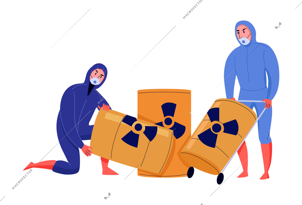 Pollution ecological composition with characters of workers carrying barrels with radioactive sign vector illustration