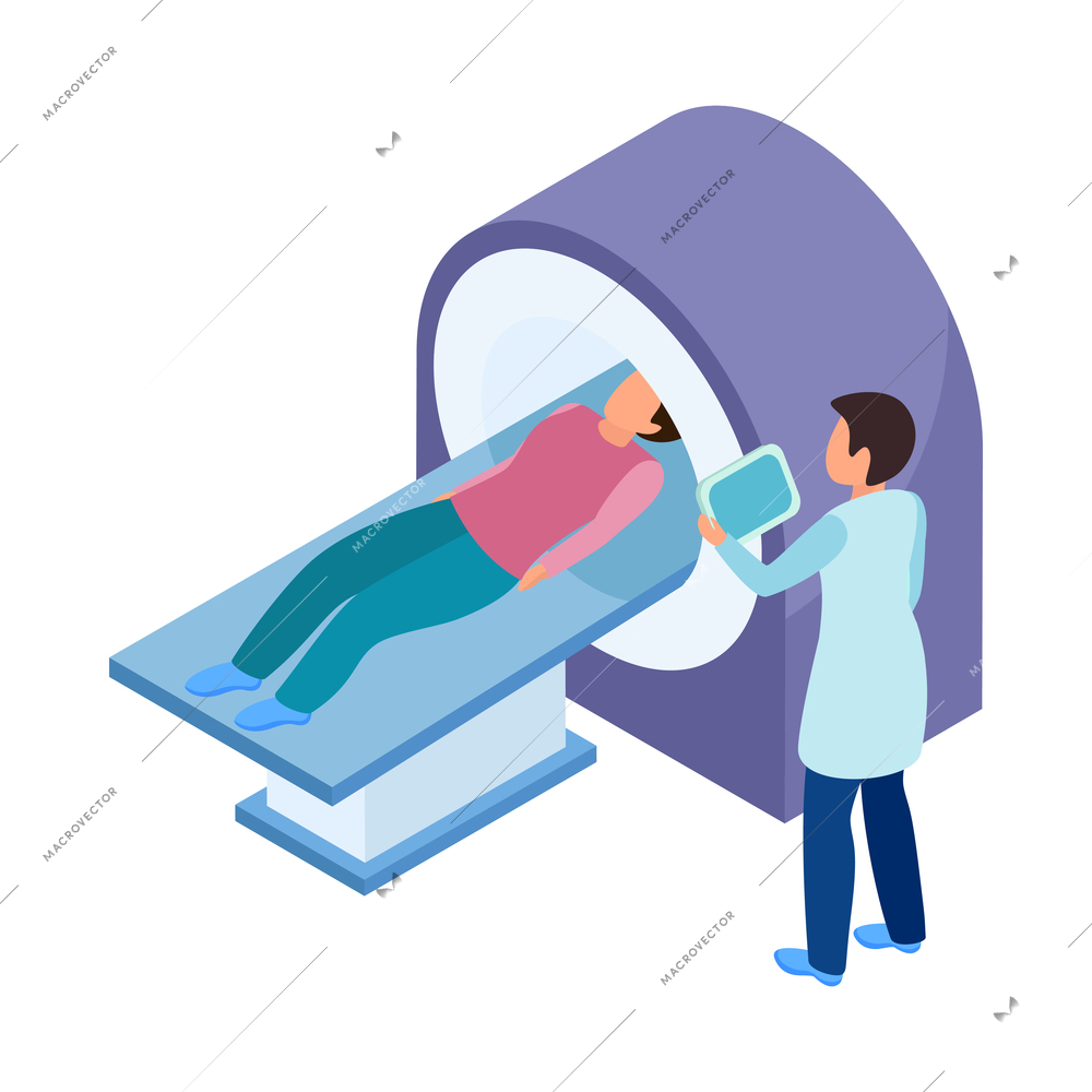 Cancer control isometric composition with image of screening apparatus with patient and doctor with tablet vector illustration