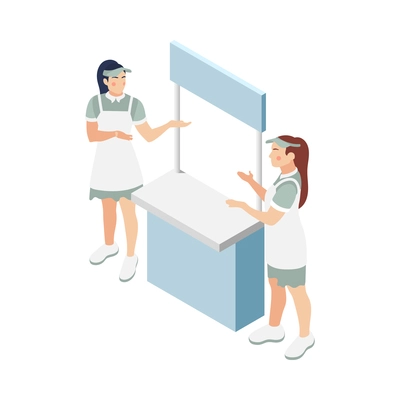 Promoter isometric composition with isolated characters of female shop assistants with market stall vector illustration
