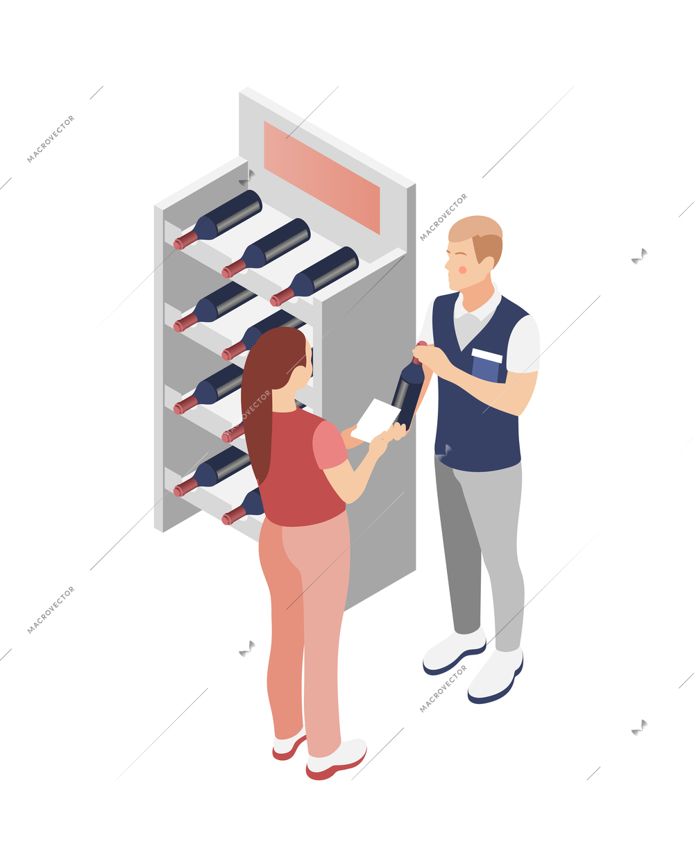 Promoter isometric composition with isolated image of wine stand and male promoter talking to customer vector illustration