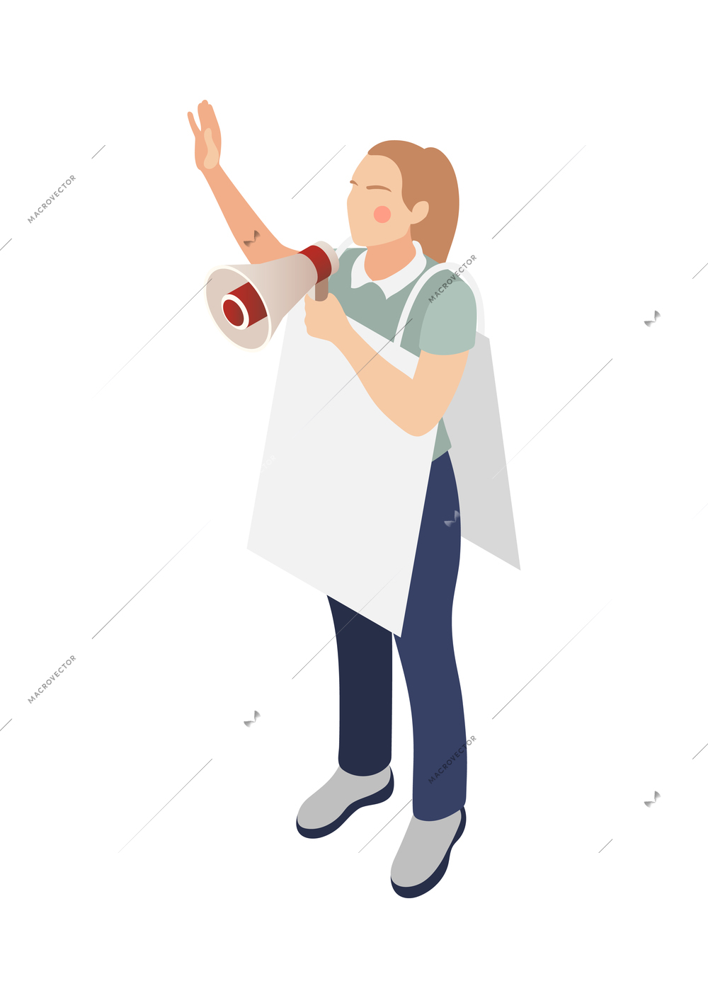 Promoter isometric composition with woman wearing promotional placards shouting in megaphone vector illustration