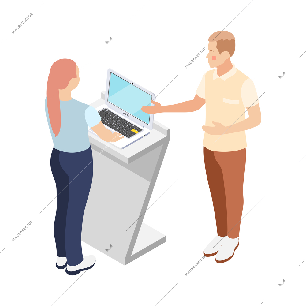 Promoter isometric composition with isolated characters of customer choosing laptop and shop assistant vector illustration