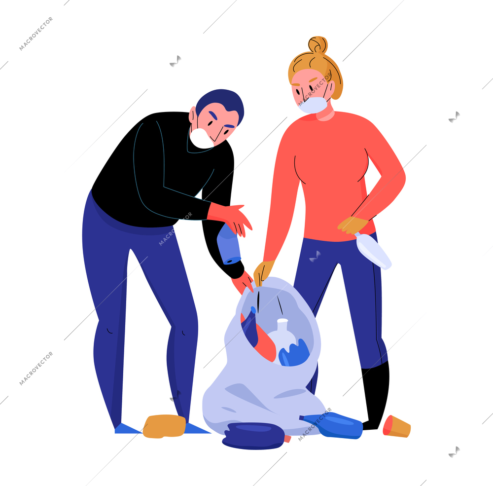 Pollution ecological composition with characters of man and woman collecting garbage in sack vector illustration
