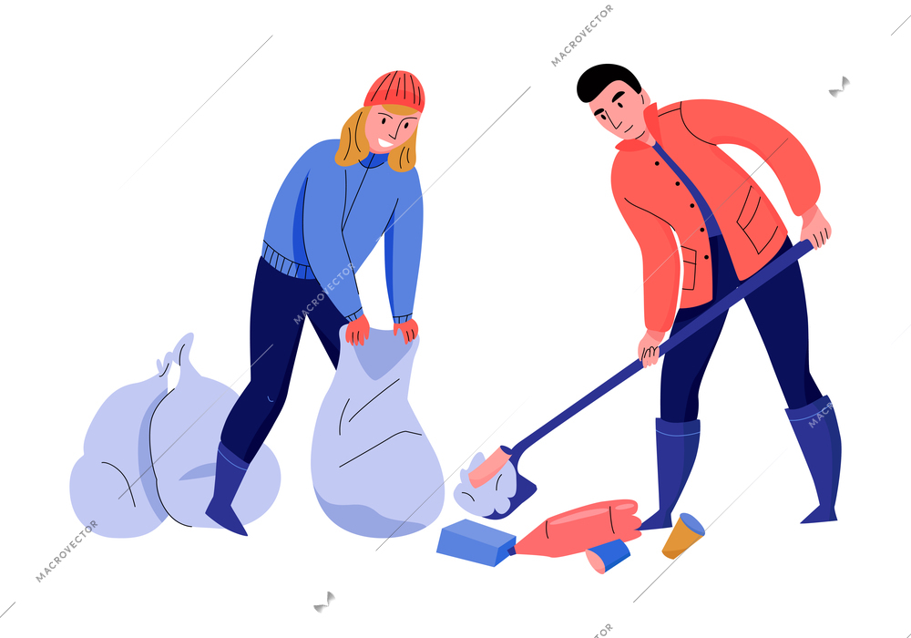 Pollution ecological composition with characters of man and woman collecting garbage into sacks vector illustration