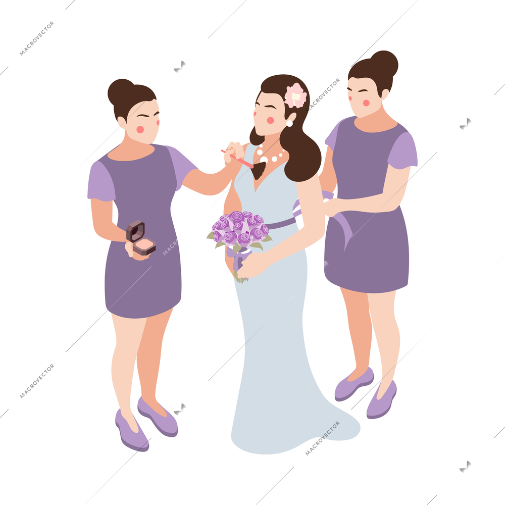 Wedding planning isometric composition with characters of women decorating brides dress vector illustration