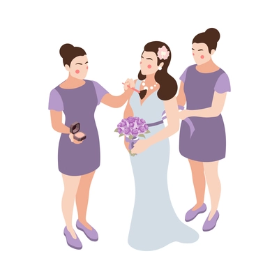 Wedding planning isometric composition with characters of women decorating brides dress vector illustration