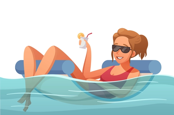 Summer water sports cartoon composition with character of woman drinking cocktail in inflatable lounge vector illustration