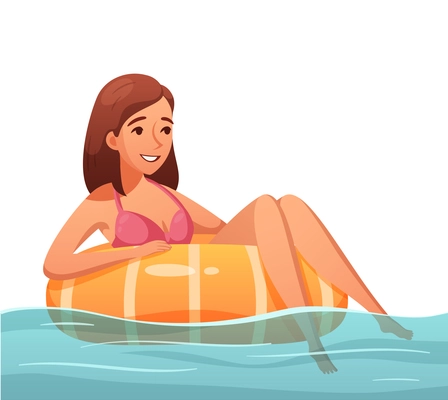 Summer water sports cartoon composition with character of girl sitting in inflatable rubber ring vector illustration